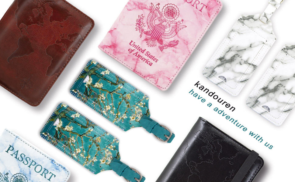 leather passport holder and marble luggage tags